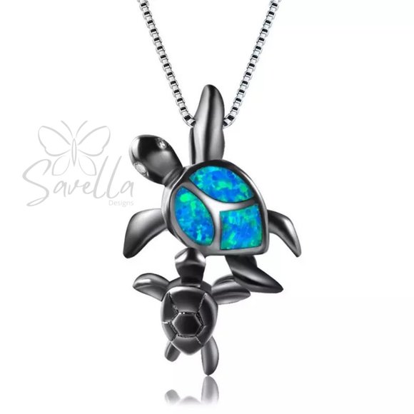 Solid Sterling black Silver Blue Fire Opal Turtle & Baby Turtle Pendant - Picture 2 of 3